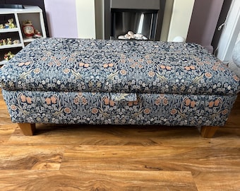 Hand Made storage footstool in  William Morris Blackthorn slate  tapestry fabric