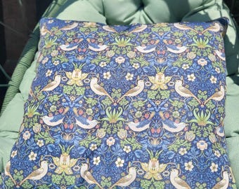 William morris strawberry thief outdoor scatter cushion in blue or wine.