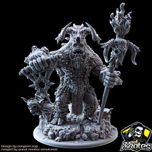 May include: A detailed gray miniature of a fantasy creature with horns, holding a staff with a skull and a torch. The creature stands on a rocky base, with a skull-adorned weapon in its other hand. The base has the text "design by dungeon dog forged by quest pirates miniatures".
