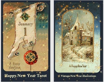 New Year tarot deck. Vintage Happy New Year cards