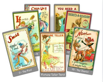 Jeu de tarot de diseuse de bonne aventure – cartes de tarot vintage style bande dessinée pour des lectures amusantes
