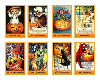 Halloween tarot deck. Vintage Halloween illustrations