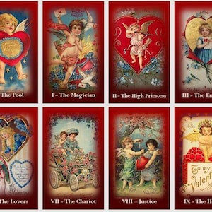 Mazzo di tarocchi di San Valentino. Illustrazioni d'amore vintage