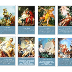 Baralho de tarô com arte rococó. Tarô barroco tardio. Arte de Boucher e Fragonard.