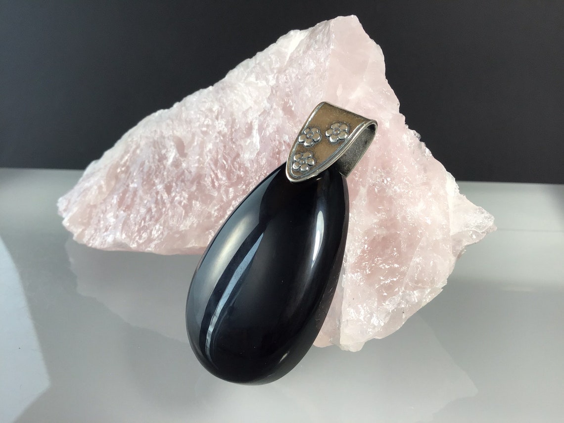 Black Obsidian pendant Silver sterling antique Etsy