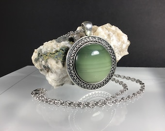 Imperial Jasper pendant, Antique finish silver metal, chain included.