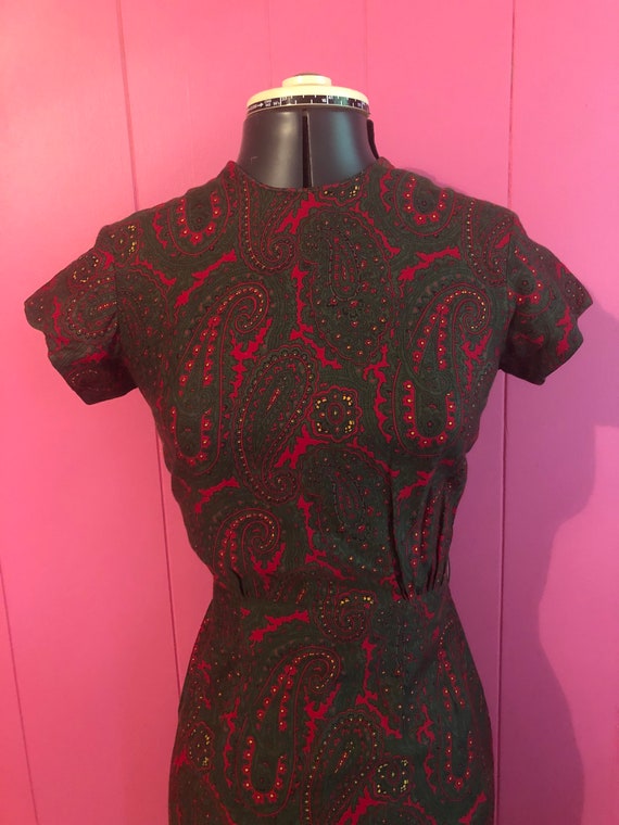 Vintage 60s Christmas Paisley Wiggle Dress