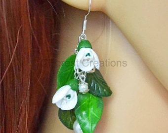 Snowdrop Earrings, Snowdrop Drop Earrings - Handmade, Hand Sculpted and painted