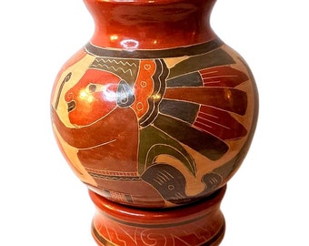 Nicaragua Pottery Handmade Ceramic Clay, Hand Etched and Painted Vase Vintage