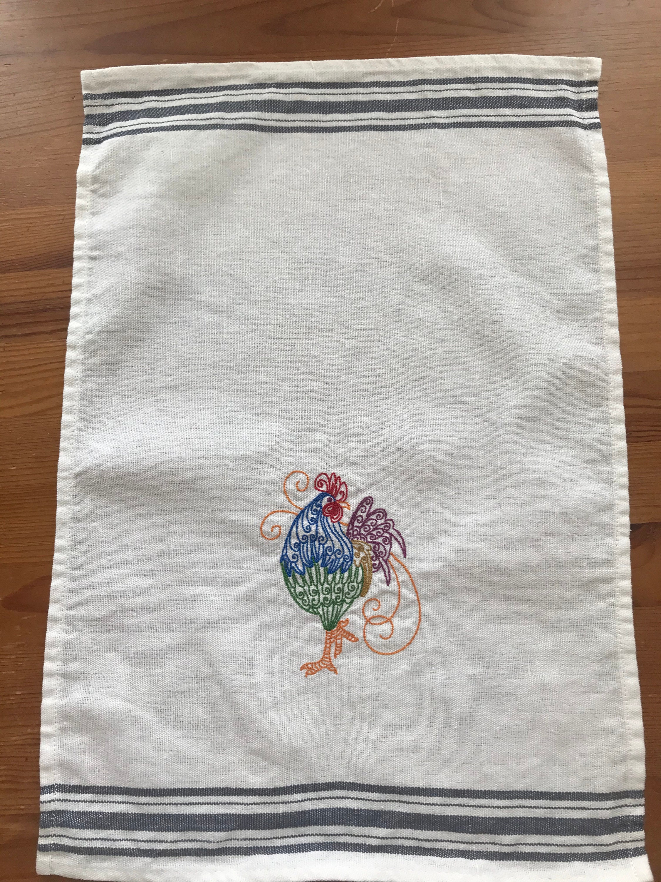Chicken Embroidery Linen Tea Towel Chicken Art Kitchen Etsy