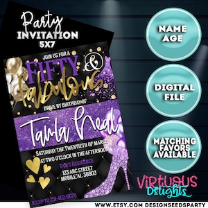 Fifty & Fabulous Party Invitation for Women|Adult Party Invitation|Purple and Black Birthday Invitation for Adults|Invitation for Ladies