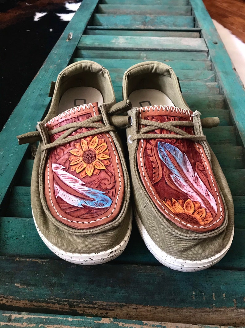 Hand tooled leather Hey Dudes leather Hey Dudes tooled | Etsy
