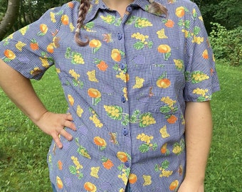 UK16 Vintage Plus Size Shirt XL | 90s short sleeve blouse with fruit print | Sustainable Clothing Volup Vintage Fair Slow Fashion