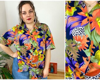 EU48 Vintage Plus Size Shirt XXL | 90er Tropisches Viskoseshirt | Bunte Safari Bluse Retro Damenmode Nachhaltige Kleidung Faire Mode