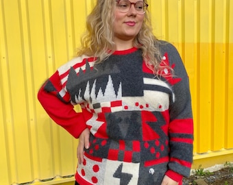 EU44 Vintage Plus Size Pullover mit Abstraktem Muster Weihnachtspullover