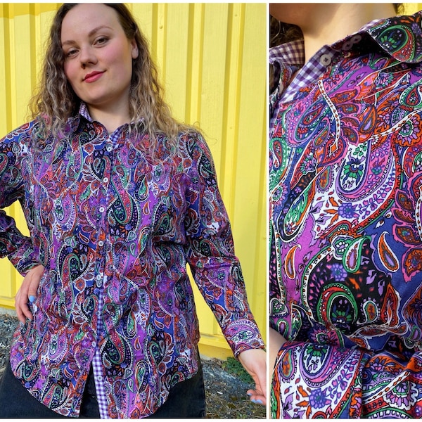 EU46 Vintage Plus Size Bluse XL | 90er Paisley Bluse Boho Hippie 100% Baumwolle | Bunte Damenbluse Nachhaltige Kleidung Faire Mode Übergröße