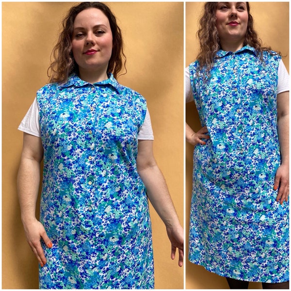 EU44/46 Vintage Plus Size Ärmelloses Kleid mit Blumenmuster 80er