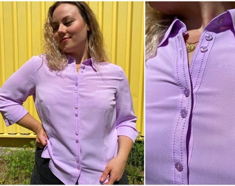 EU44 Vintage Flieder Bluse XL | 80er Bluse lila pastell mit 3/4 Ärmeln | Elegante cute retro klassische Bluse Nachhaltige Kleidung Übergröße