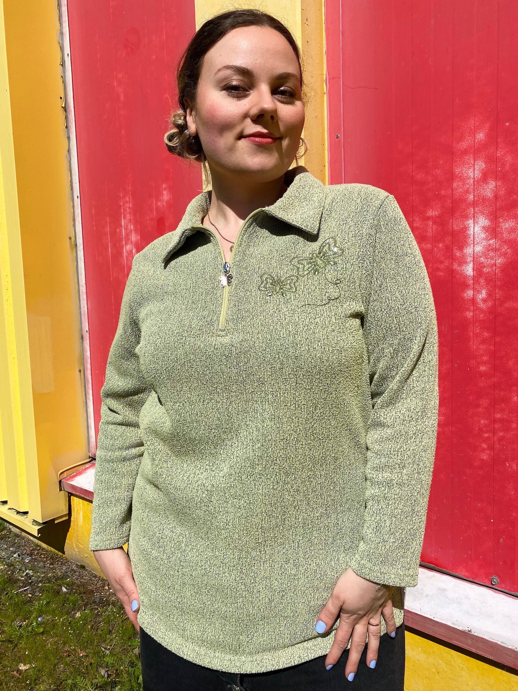 UK18/20 Vintage Plus Size Quarter Zip Jumper with Butterflies