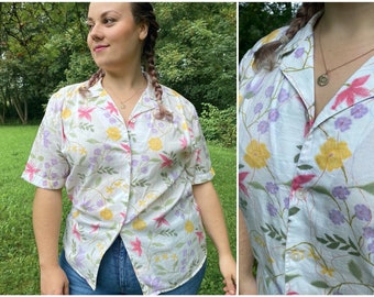 UK16/18 Vintage Plus Size Blouse XL | 90s short sleeve flower blouse | Retro summer blouse for women elegant blouse Sustainable Clothing