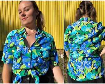 EU44 Vintage Plus Size Bluse XL | 80er Blümchenbluse 100% Viskose floral boho | Retro Damenbluse Sommer floral Nachhaltige Kleidung oversize