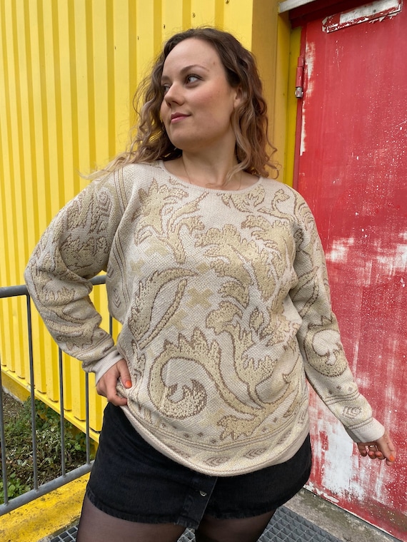 Buy UK20 Vintage Plus Size Jumper XXL 90s Beige Cream Knit