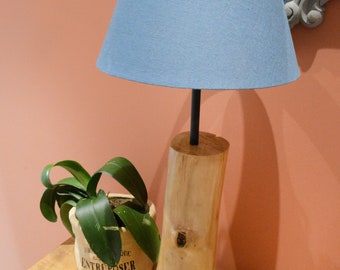 Handcrafted wooden table lamp, made of olive wood branch, petrol blue fabric lampshade & black fabric cable.