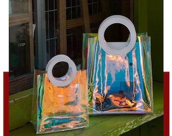 5PCTransparent Tote Bag| PVC Clear Shopping Bag| Stadium Bag| Vinyl Bag| Carry Along Vibrant Designed Canvas Pouch| Stylish| Versatile