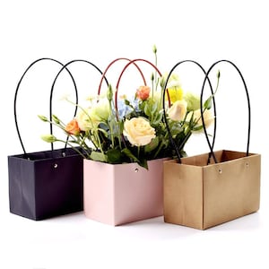 Rectangular paper bag with plastic handle –  10 Pcs. Paper Shopping Bags, Bulk Gift Bags,Flower Bag, Kraft, Party, Wedding, banquet,Goody