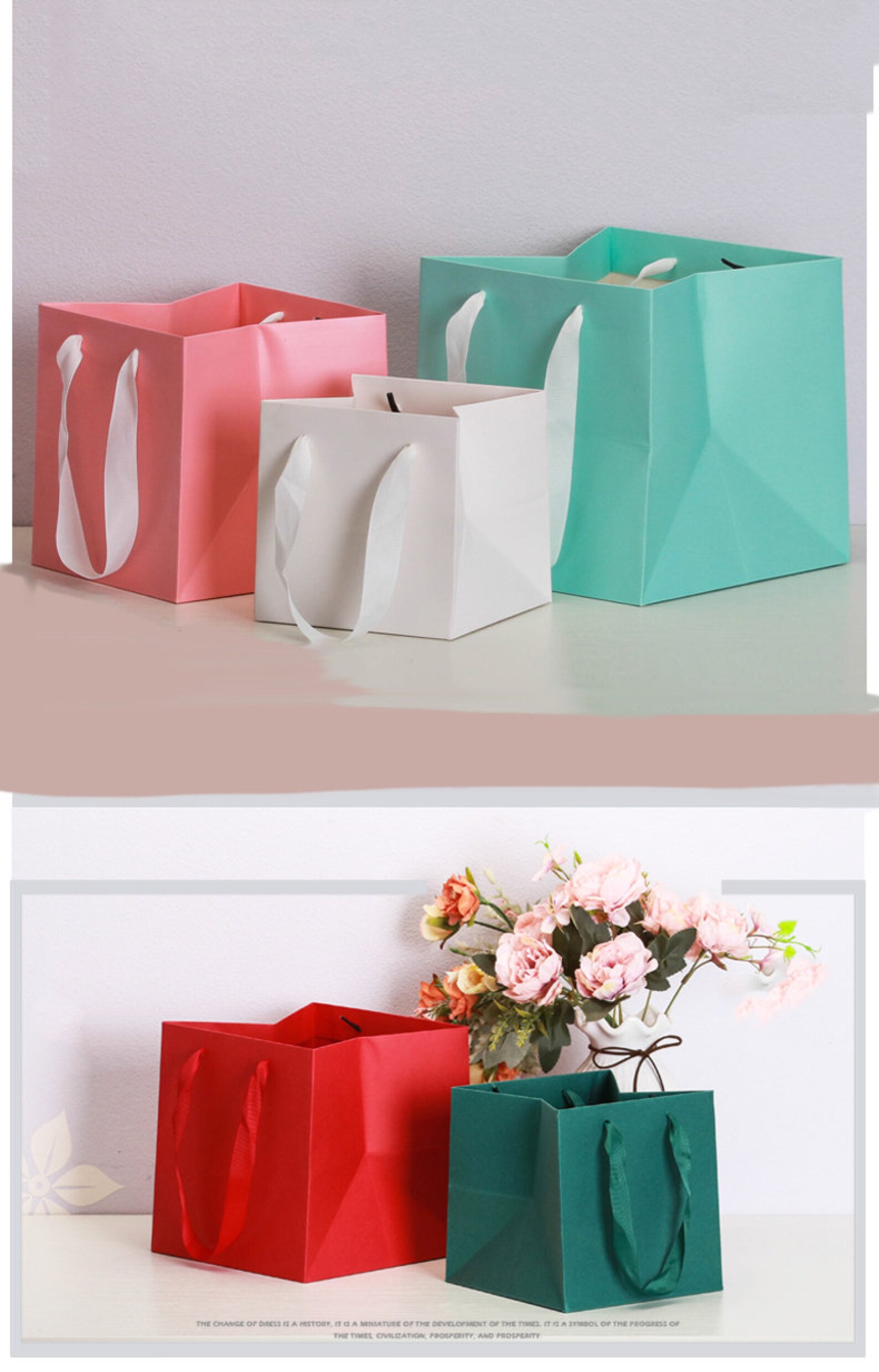 Square Paper Bag With Ribbon Handle 10 Pcs. Paper Shopping Bags, Bulk Gift Bags, Kraft, Party