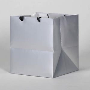 Sacchetto di carta quadrato con manico a nastro - 10 pezzi, borsa tote con fiore in argento specchiato, sacchetti di carta per la spesa, sacchetti regalo sfusi, Kraft, feste, bomboniere, dolcetti