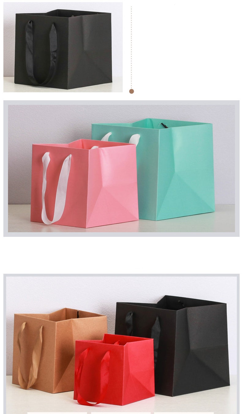Square Paper Bag With Ribbon Handle 10 Pcs. Paper Shopping Bags, Bulk Gift Bags, Kraft, Party