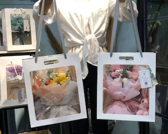 Paper Bag with Transparent Window-10pcs ,Flower Bag Cake Baking Handbag Premium web celebrity DIY Companion Hand Bag