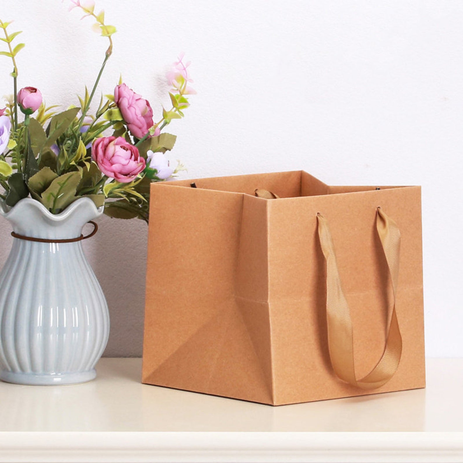 Square Paper Bag With Ribbon Handle 10 Pcs. Paper Shopping Bags, Bulk Gift Bags, Kraft, Party
