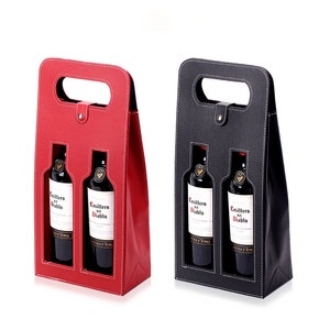 Bolsa de cuero de PU de gama alta para dos botellas de vino, portabotellas de cuero, regalo de embalaje de vino y whisky plegable con asas de nudo