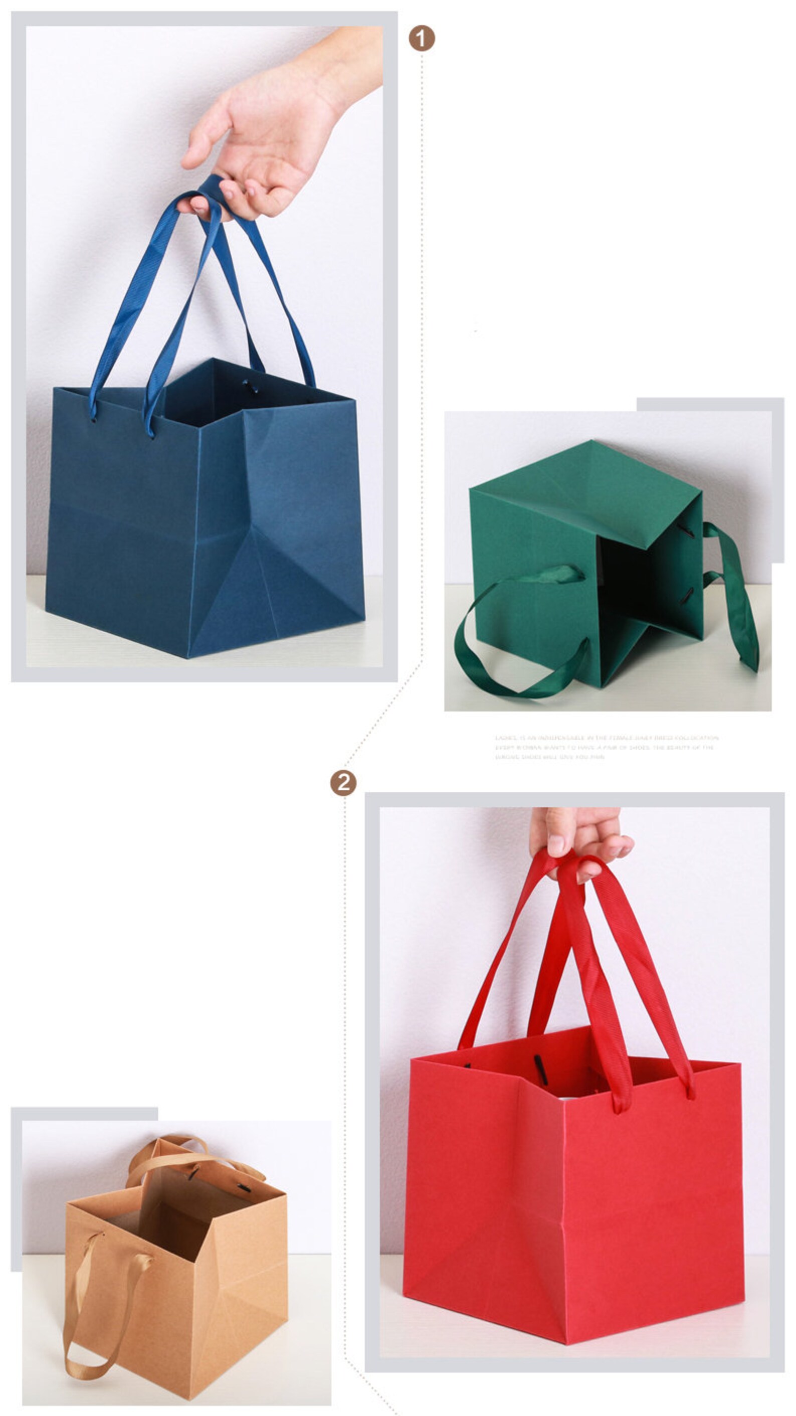 Square Paper Bag With Ribbon Handle 10 Pcs. Paper Shopping Bags, Bulk Gift Bags, Kraft, Party
