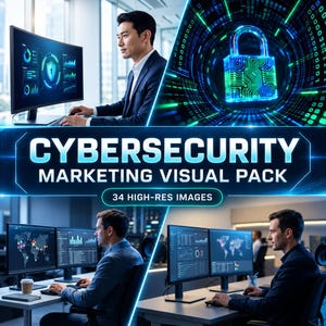 Puede incluir: Un paquete visual de marketing digital con temas de ciberseguridad, que incluye imágenes de profesionales trabajando en monitores de computadora con análisis de datos y un icono de candado digital azul y verde con el texto CYBERSECURITY MARKETING VISUAL PACK 34 HIGH-RES IMAGES.