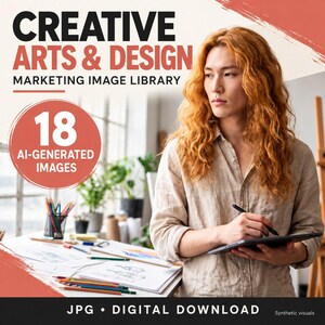 May include: A digital product listing featuring the text CREATIVE ARTS & DESIGN MARKETING IMAGE LIBRARY and 18 AI-GENERATED IMAGES. A person with long wavy ginger hair wears a beige button-down shirt while holding a tablet and stylus.
