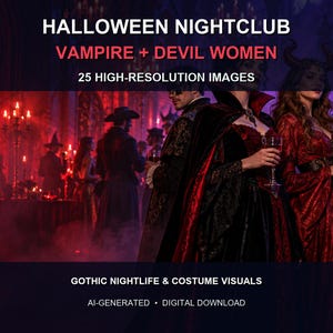 May include: A digital collection of 25 high-resolution images titled HALLOWEEN NIGHTCLUB VAMPIRE + DEVIL WOMEN. The visuals feature figures in dark red and black costumes within a dimly lit, candlelit setting with gothic nightlife themes.