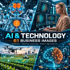 Puede incluir: Un gráfico digital que muestra un robot translúcido con circuitos cerebrales naranjas brillantes, una persona trabajando en monitores con redes neuronales, un dron sobre un campo y el texto AI & TECHNOLOGY 61 BUSINESS IMAGES.