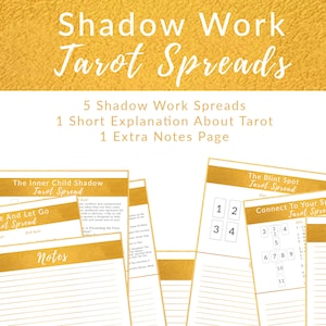 May include: Five printable tarot spreads for shadow work, with titles "The Inner Child Shadow", "Release And Let Go", "The Blint Spot", "Connect To Your Spirit Guide", and "Notes".