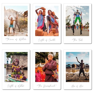 May include: A collage of six Polaroid-style photos, each depicting a different tarot card. The cards are: Three of Water, Eight of Earth, The Fool, Eight of Water, The Hierophant, and Ace of Air.