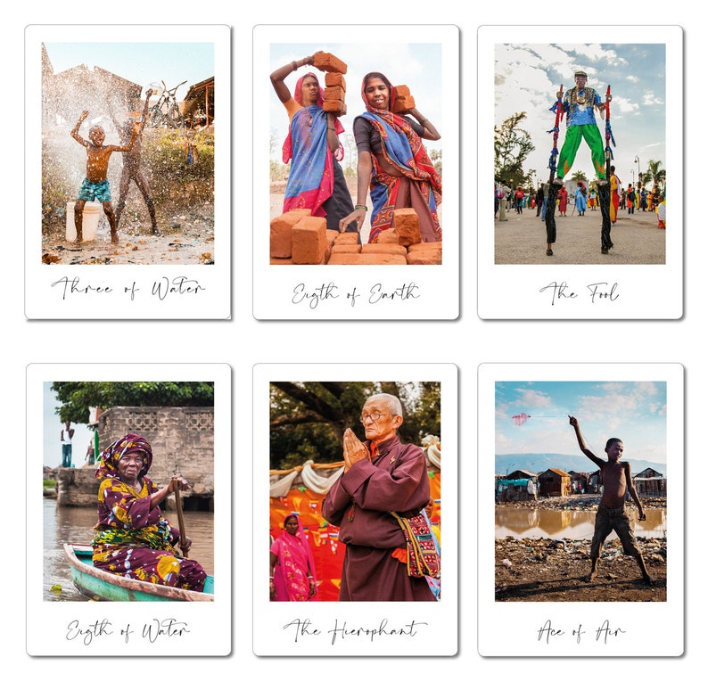 May include: A collage of six Polaroid-style photos, each depicting a different tarot card. The cards are: Three of Water, Eight of Earth, The Fool, Eight of Water, The Hierophant, and Ace of Air.