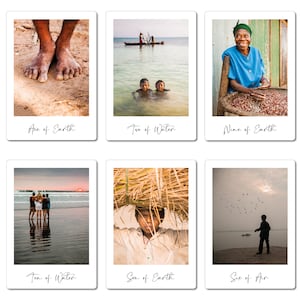 May include: A collage of six polaroid-style photos depicting various scenes from a tropical island. The photos feature people, water, and nature. The photos are labeled with the names of tarot cards, including Ace of Earth, Two of Water, Nine of Earth, Ten of Water, Son of Earth, and Six of Air.