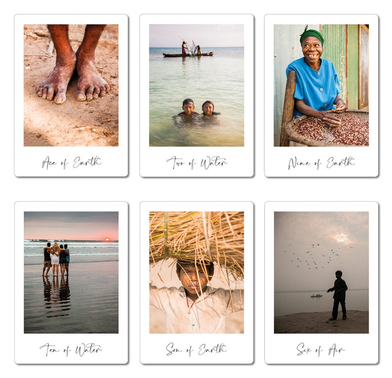 May include: A collage of six polaroid-style photos depicting various scenes from a tropical island. The photos feature people, water, and nature. The photos are labeled with the names of tarot cards, including Ace of Earth, Two of Water, Nine of Earth, Ten of Water, Son of Earth, and Six of Air.