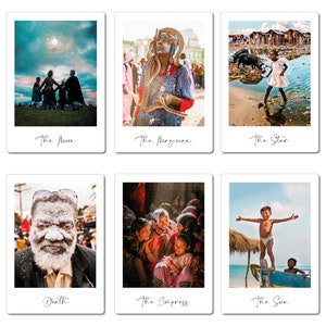 May include: A collage of six images, each depicting a different tarot card. The cards are: The Moon, The Magician, The Star, Death, The Empress, and The Sun.