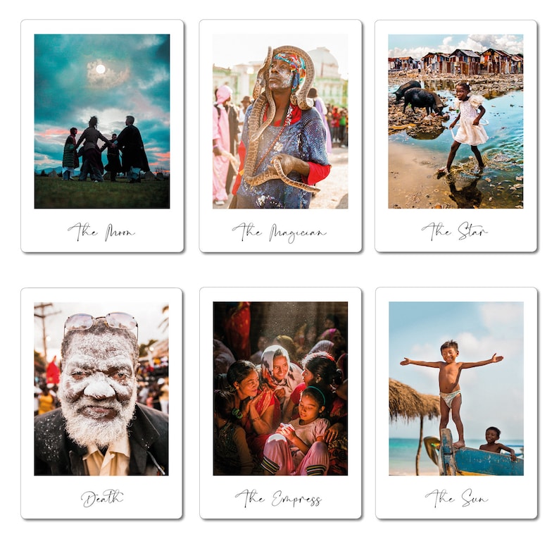 May include: A collage of six images, each depicting a different tarot card. The cards are: The Moon, The Magician, The Star, Death, The Empress, and The Sun.