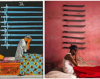 May include: A split image featuring a Nine of Swords tarot card on the left and a photograph on the right. The card shows a figure sitting on a bed with nine horizontal swords above. The photo depicts a person sitting on a bed with nine machetes mounted on a pink wall.
