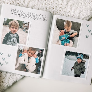 Two page spread titled Photos/Artwork with hearts in one corner of each page. Two square photos are on each page.