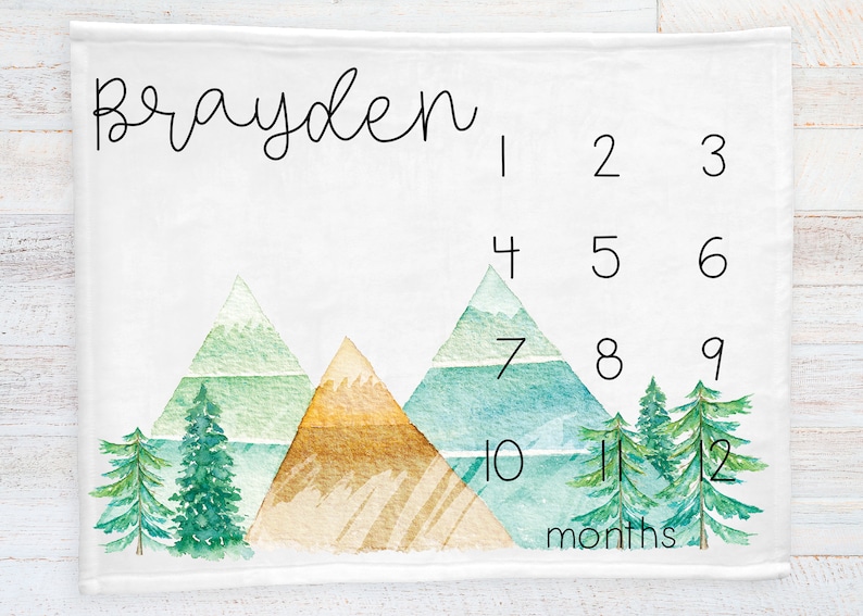 New Mom Baby Shower Gift Monthly Growth Tracker Gender Neutral Blanket Mountain Baby Milestone Blanket Personalized Baby Blanket